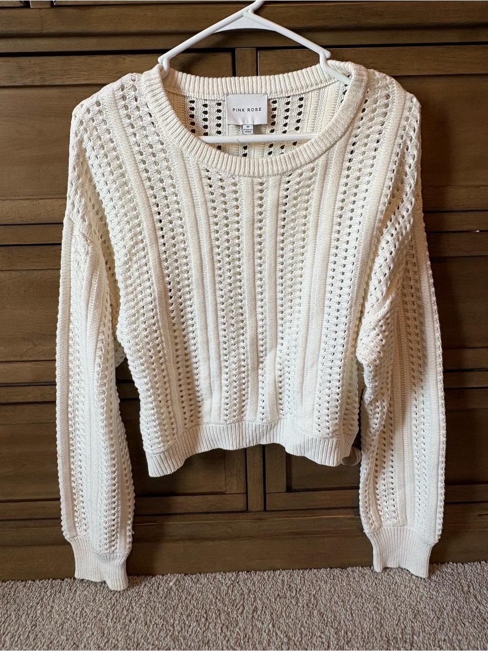 Pink Rose Cream Open-Knit Crewneck Sweater